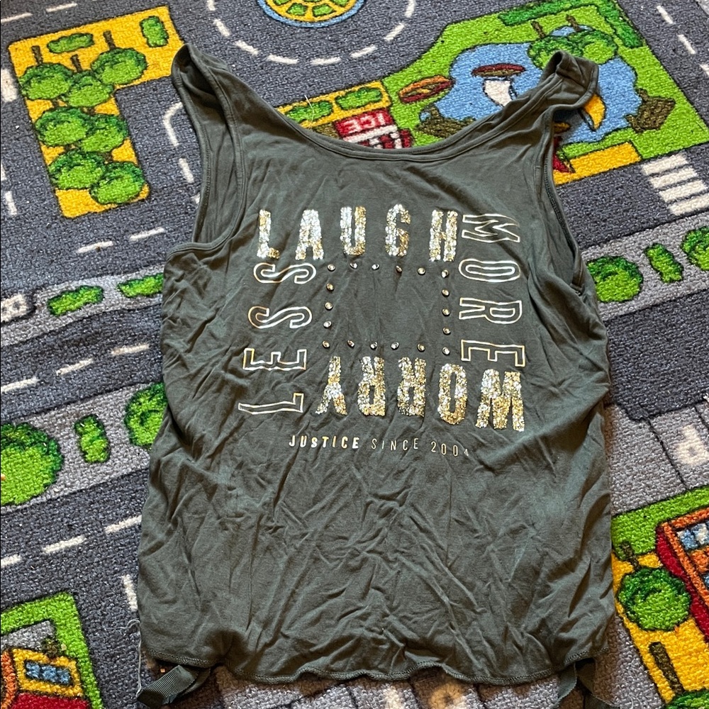 Justice Olive Graphic Tank with Gold & White Lettering